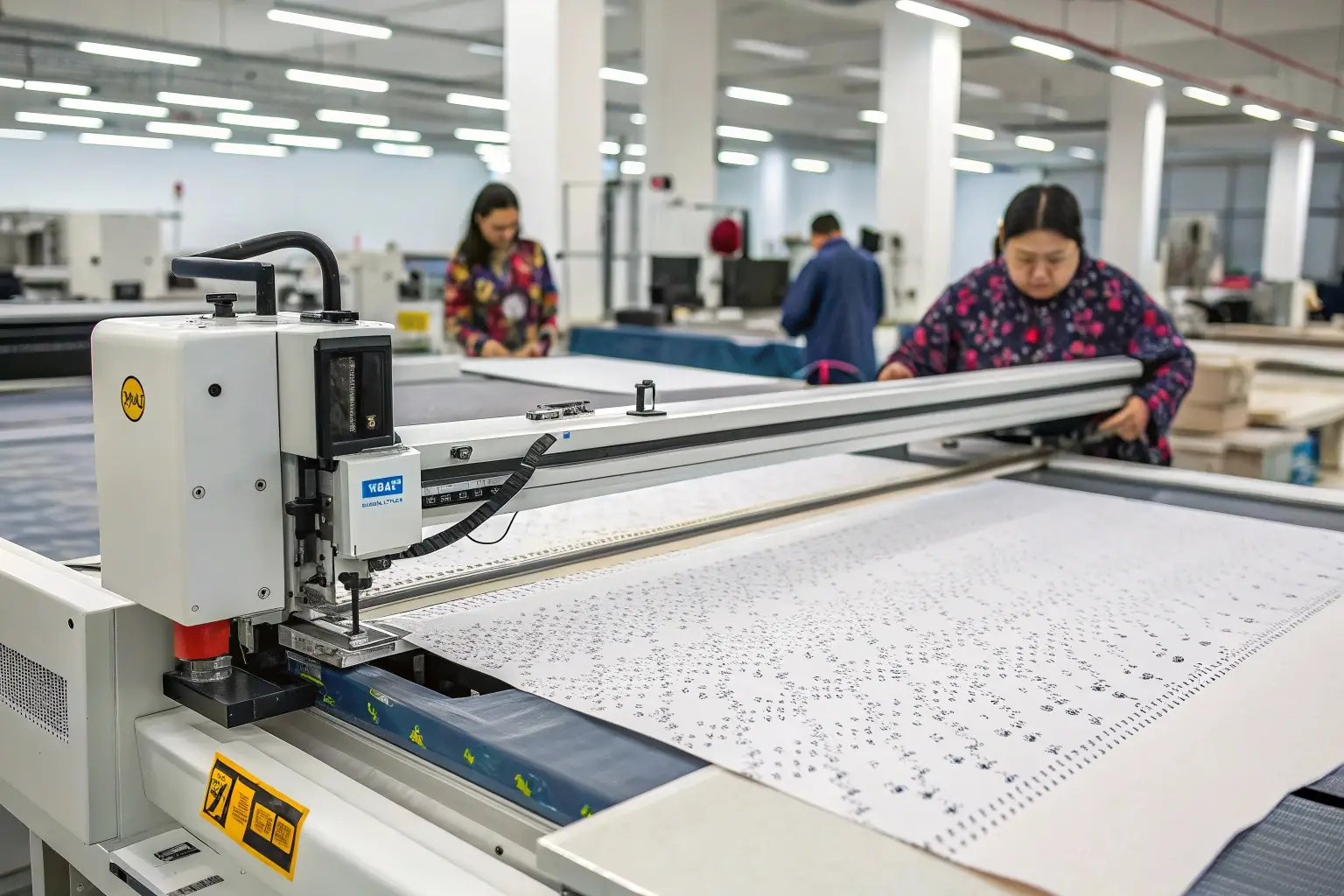 Automated fabric cutting machine in textile factory, workers monitoring process