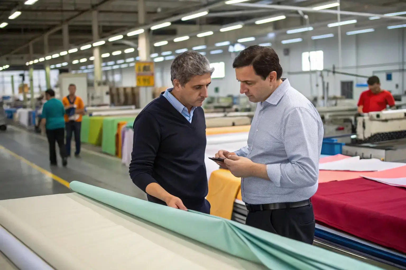 Fabric inspection in textile factory, two businessmen discussing quality
