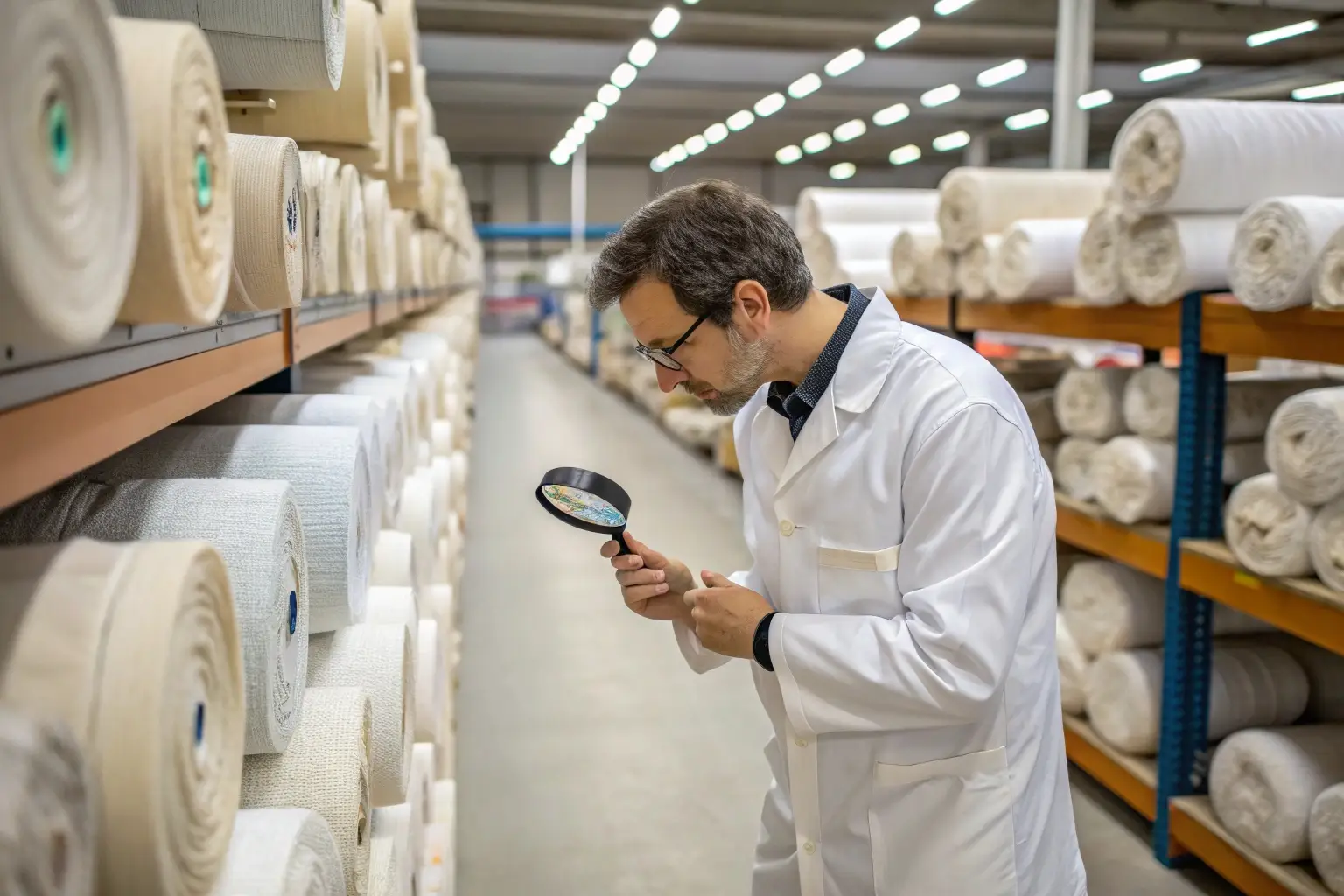 Textile quality inspection, expert examining fabric rolls