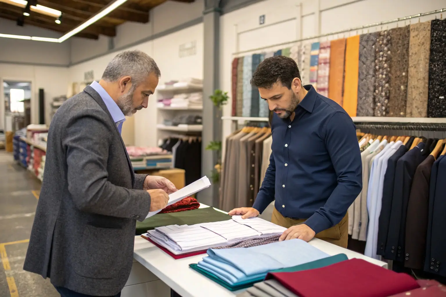 Fabric selection in textile showroom, business discussion