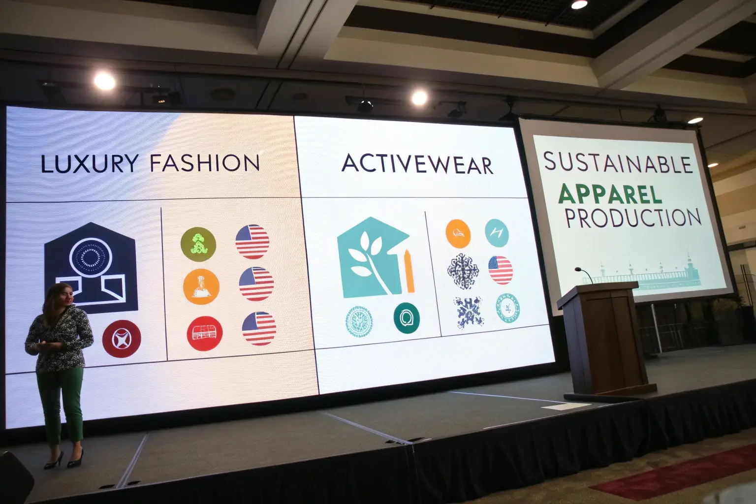 Sustainable apparel production conference, fashion industry presentation