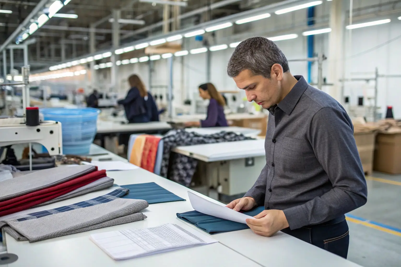 Textile factory manager reviewing production documents, quality control process
