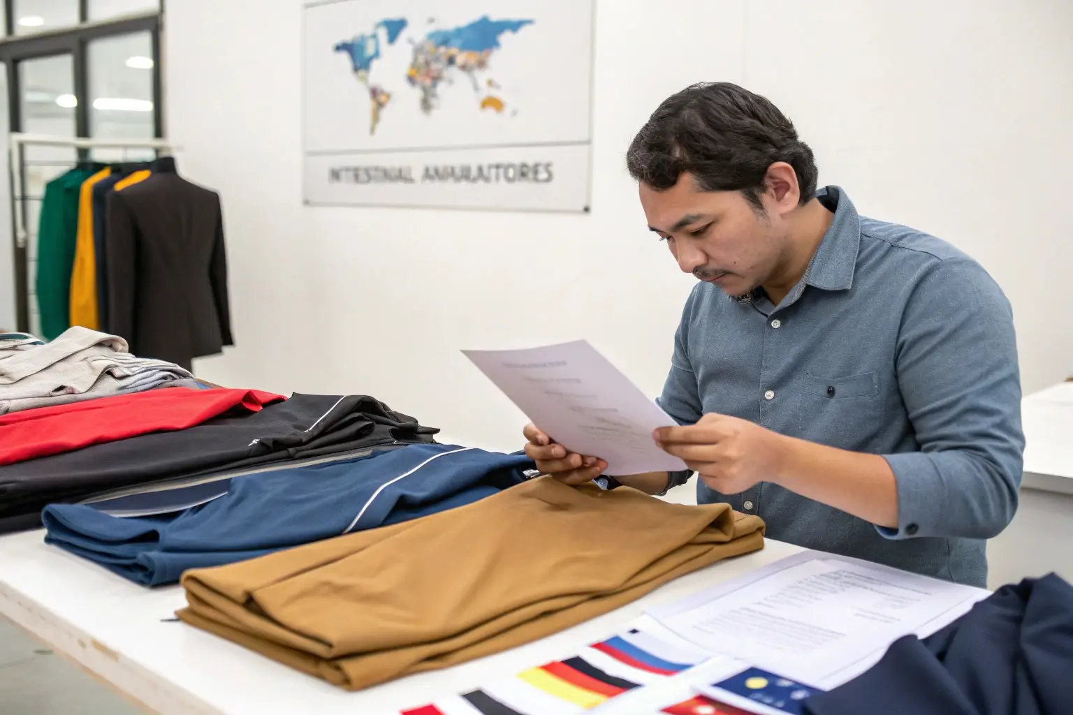 Apparel quality inspection, buyer reviewing clothing samples