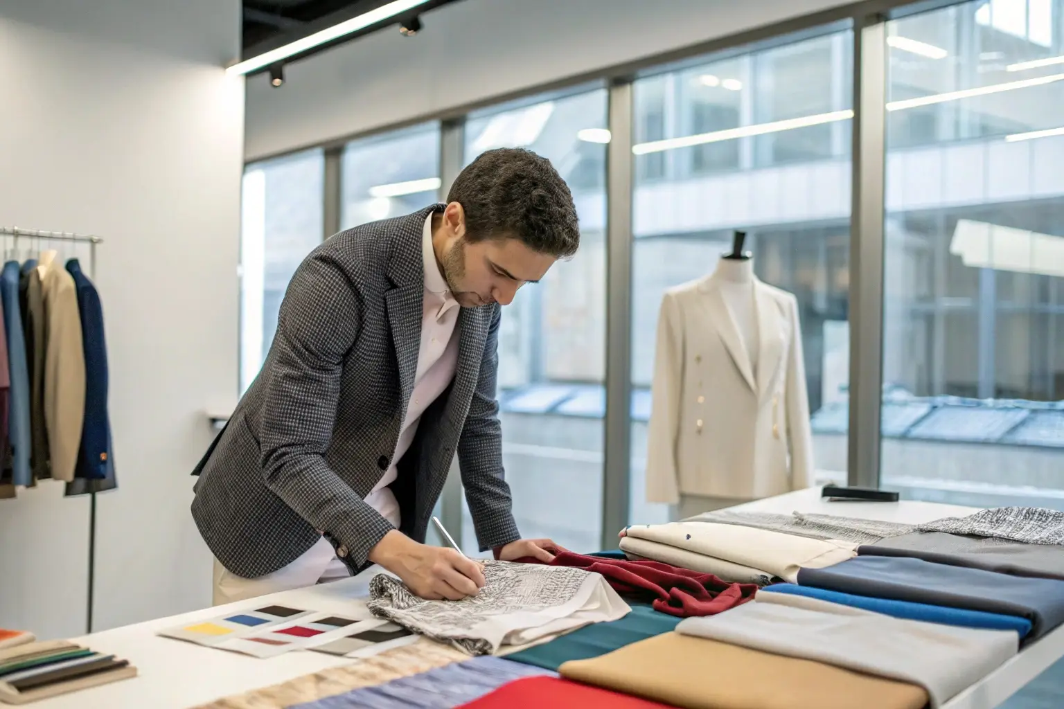 Fashion designer working on fabric patterns, textile selection process