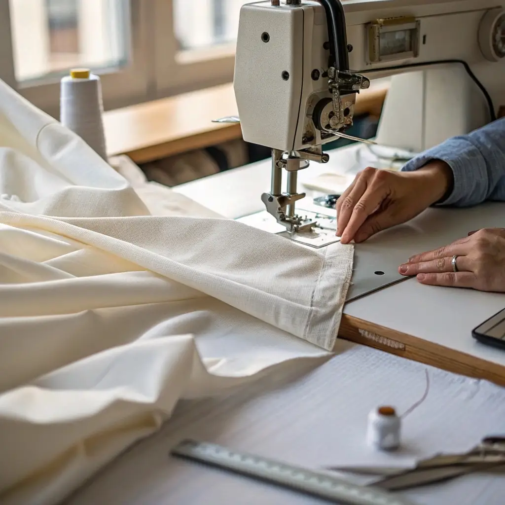 Sewing machine with fabric, manufacturing high-quality clothing