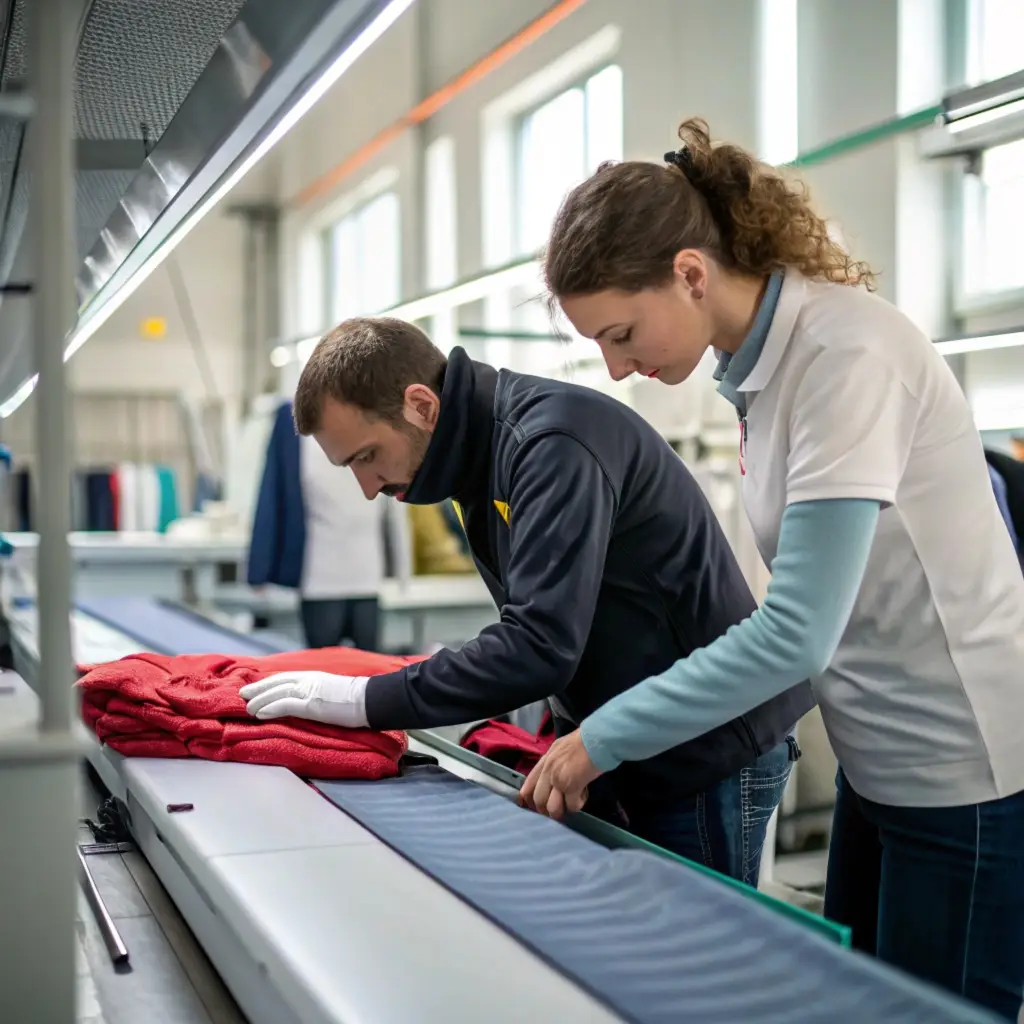 Two workers inspecting garments, ensuring top-notch quality control