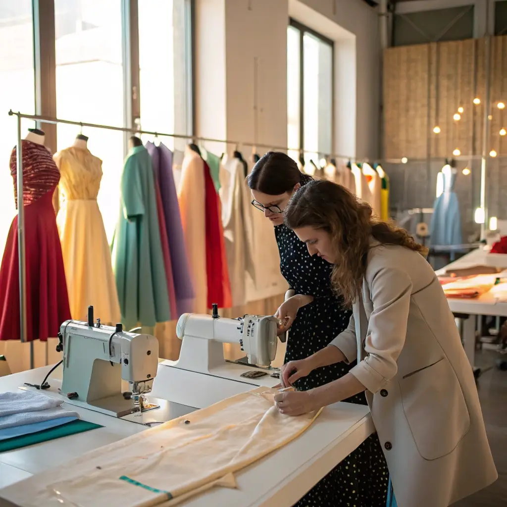 Two designers working in a clothing workshop, surrounded by colorful dresses and sewing machines.
