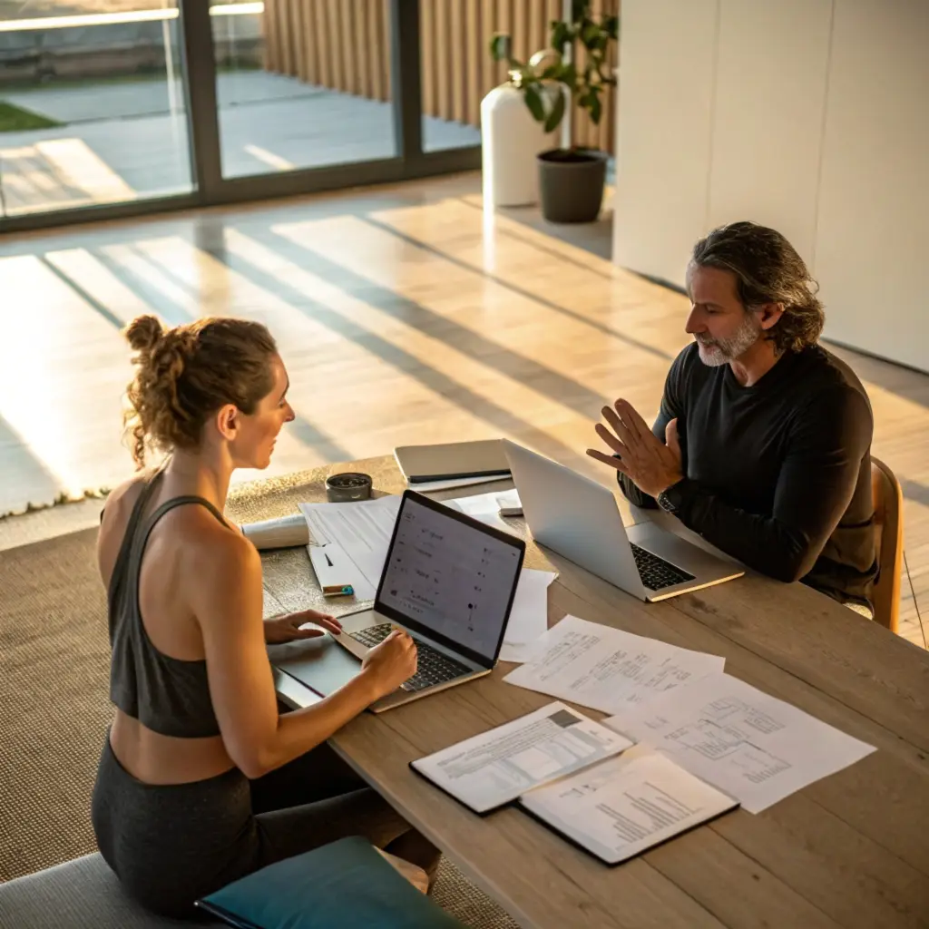Two professionals discussing business plans with laptops and documents on a wooden table.