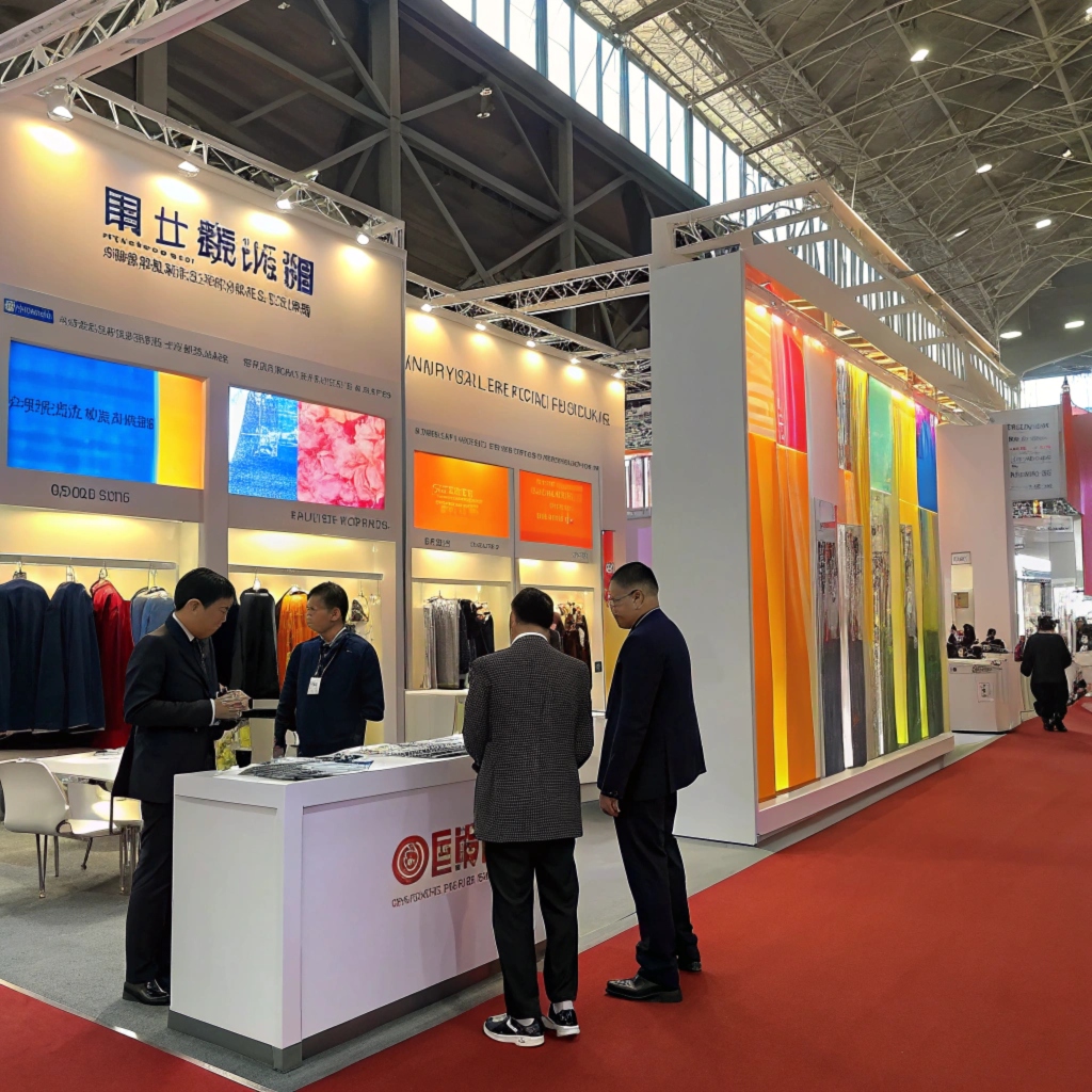 Exhibition booth showcasing clothing, vibrant displays and business discussion