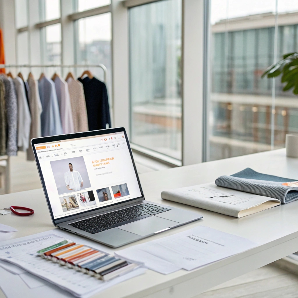 Office desk with laptop displaying fashion website, fabric samples, and clothes rack