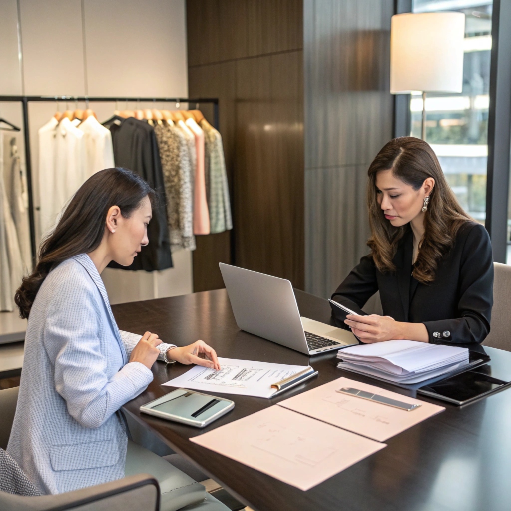 Business meeting between women discussing documents in a clothing showroom