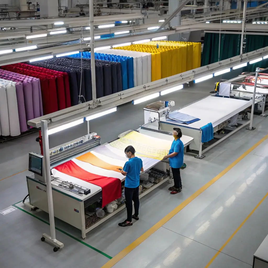 fabric cutting at clothing factory, textile rolls and workers handling fabric