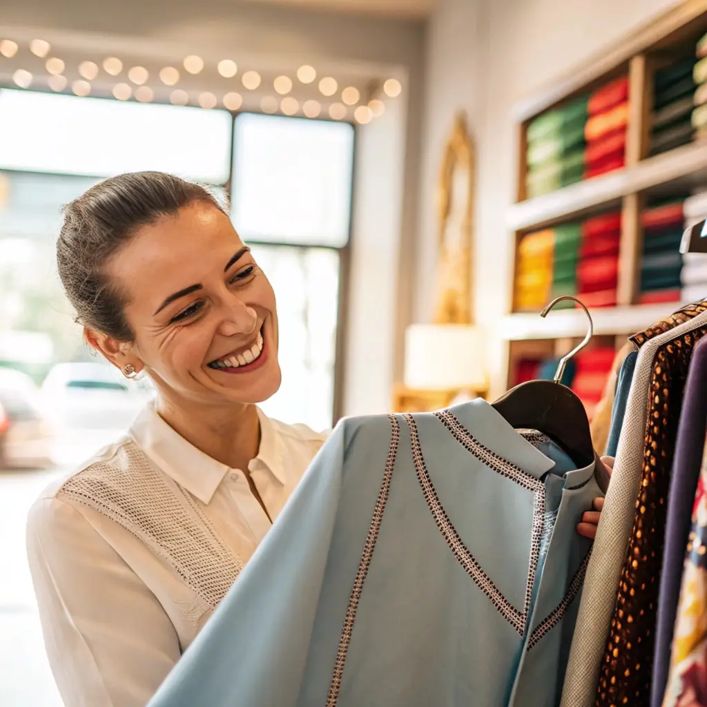 happy woman shopping for clothes, holding a stylish garment in store