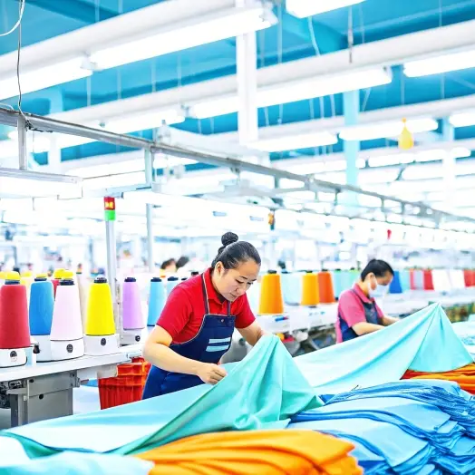 Clothing production process Workers in a clothing factory inspecting fabrics, efficient production process.