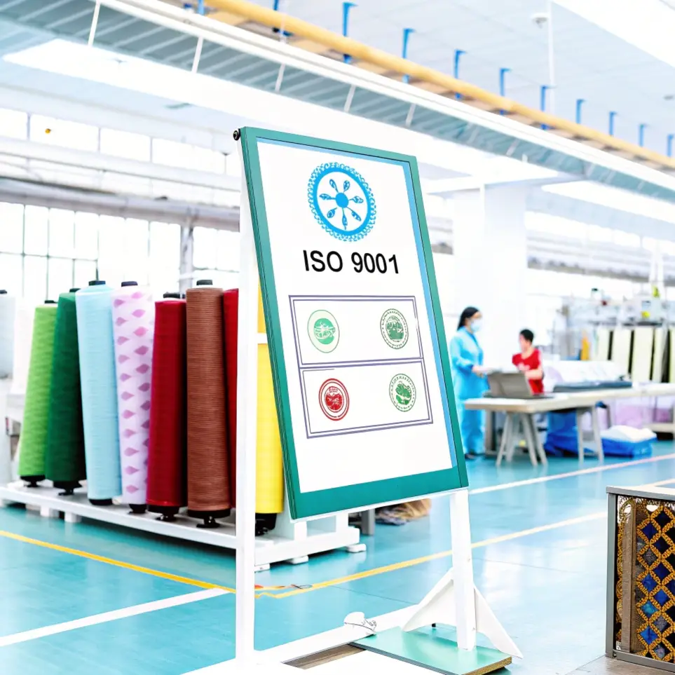 Quality assurance ISO 9001 certification displayed in a clothing factory, ensuring quality standards.