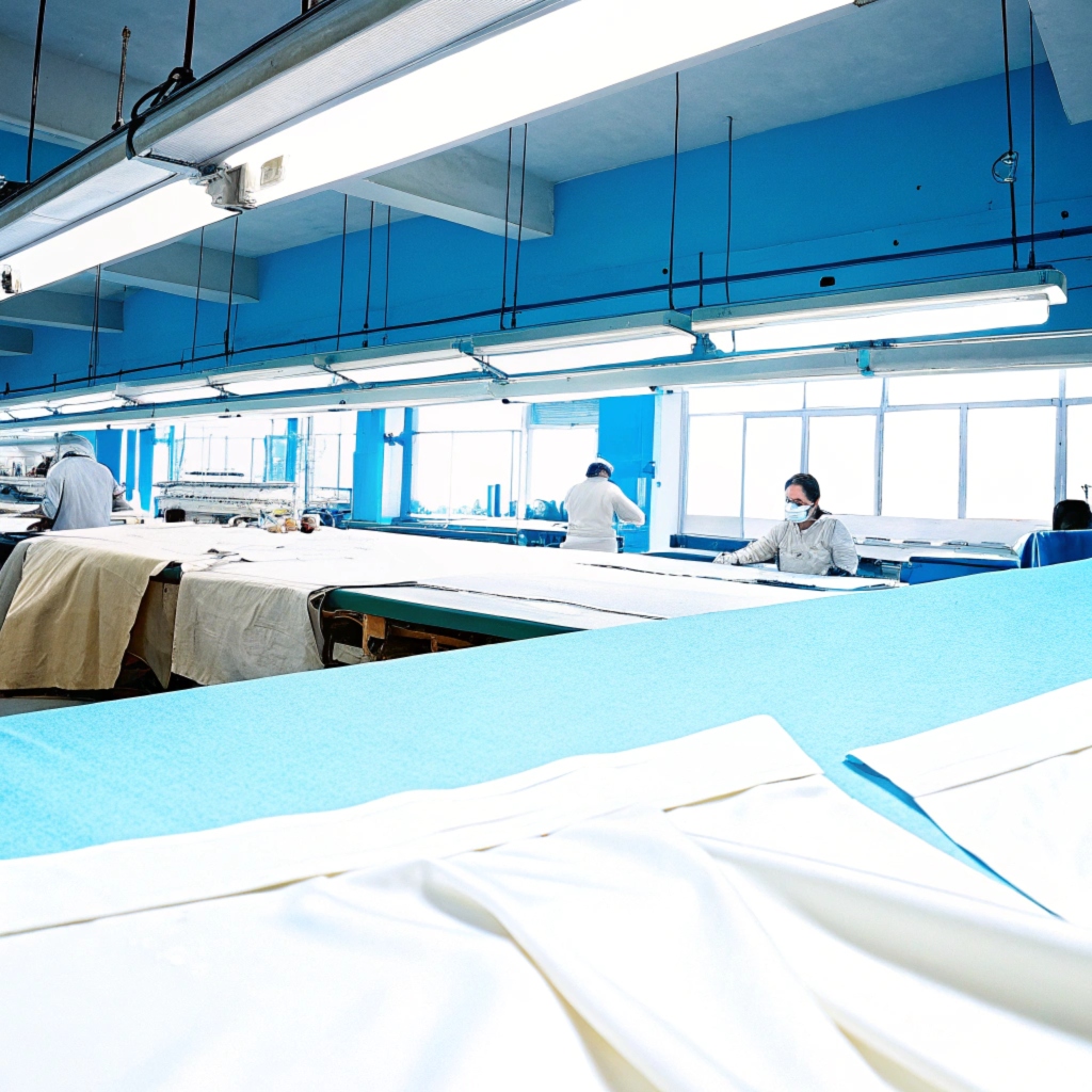 Workers cutting fabrics in a clothing factory, precision tailoring process.