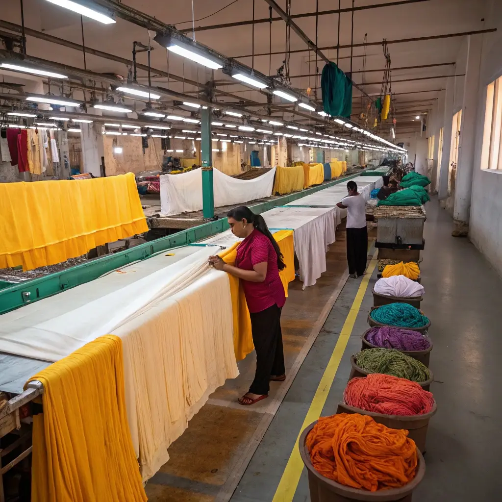 Fabric Quality Control Fabric inspection process, workers handling vibrant materials with precision