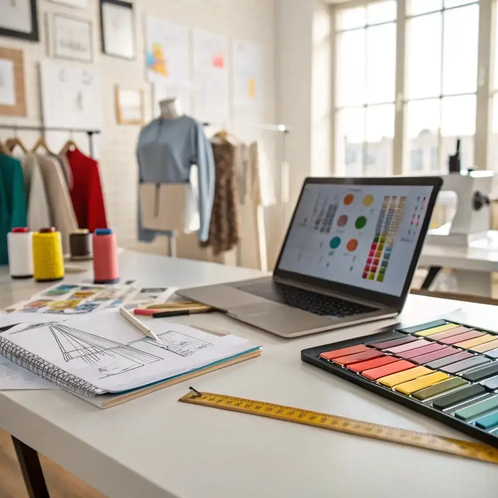 Fashion design workspace, showing sketches and fabric color samples on a desk