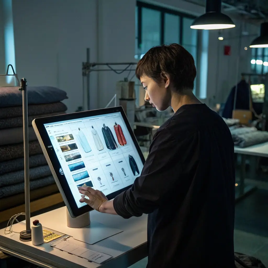 Designer working on digital catalog of clothing options on a touch screen