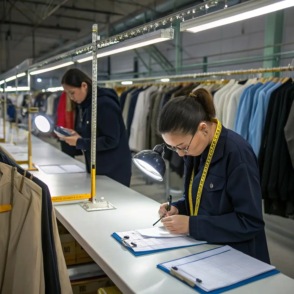 Quality control workers inspecting clothing in a factory setting