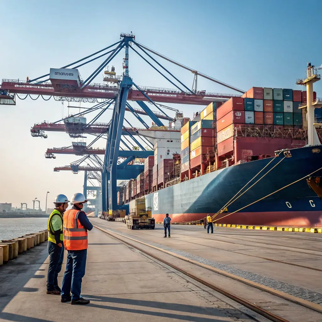 Large shipping port with containers being loaded onto a cargo ship