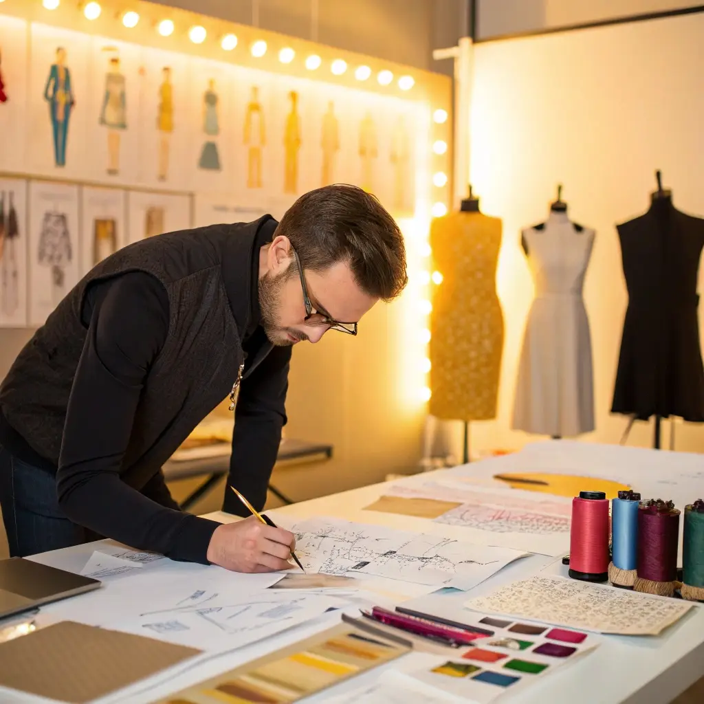 Designer sketching clothing patterns, garment manufacturing studio