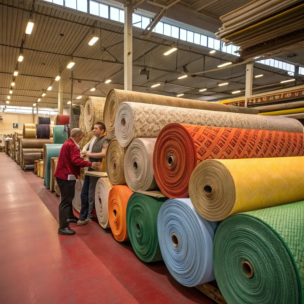 Fabric rolls in a textile warehouse, material sourcing process