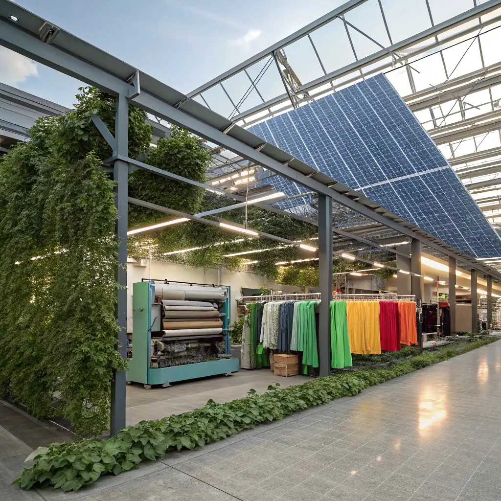 Sustainable factory Eco-friendly garment factory with solar panels and sustainable greenery.
