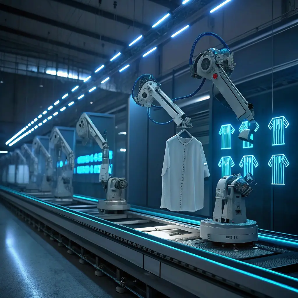 Robotic production Automated clothing production line with robotic arms, innovative garment manufacturing.