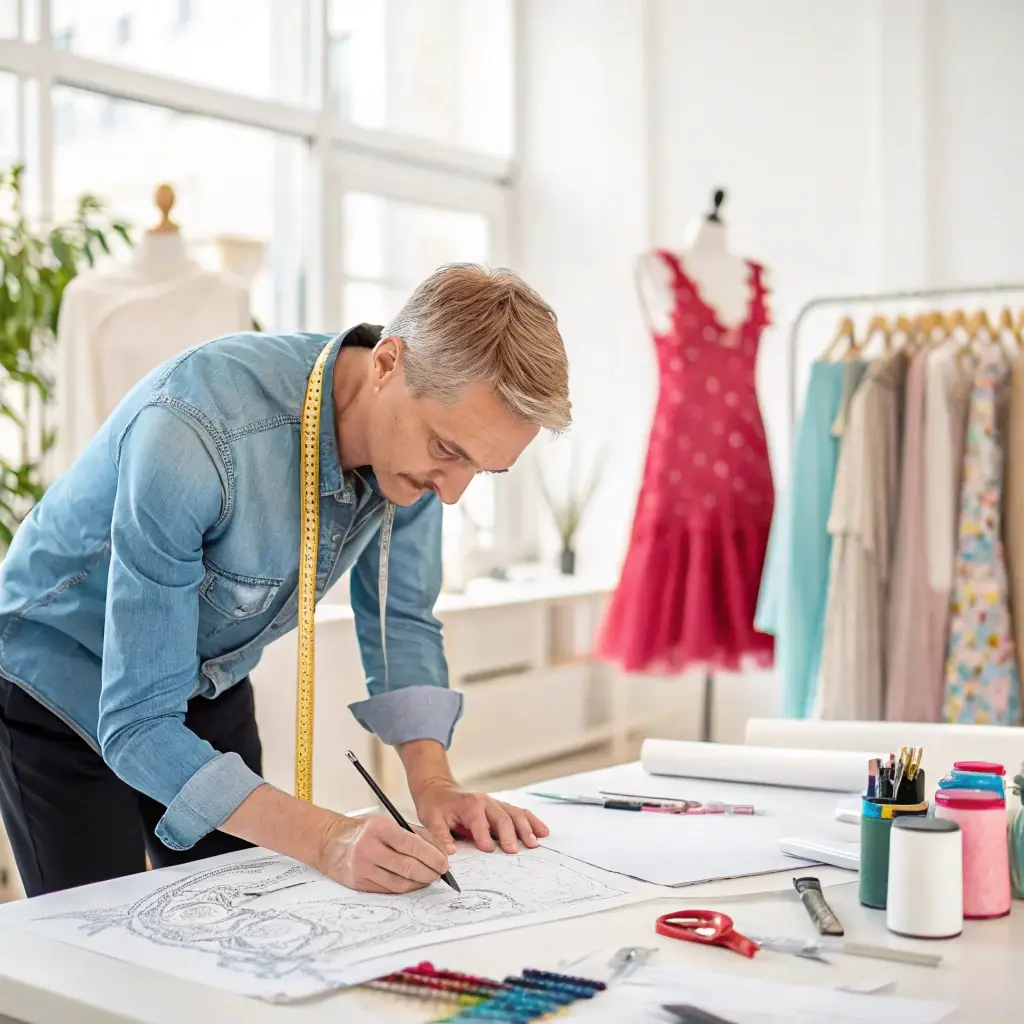 Fashion designer sketching clothing designs, a workspace with colorful dresses and tools.