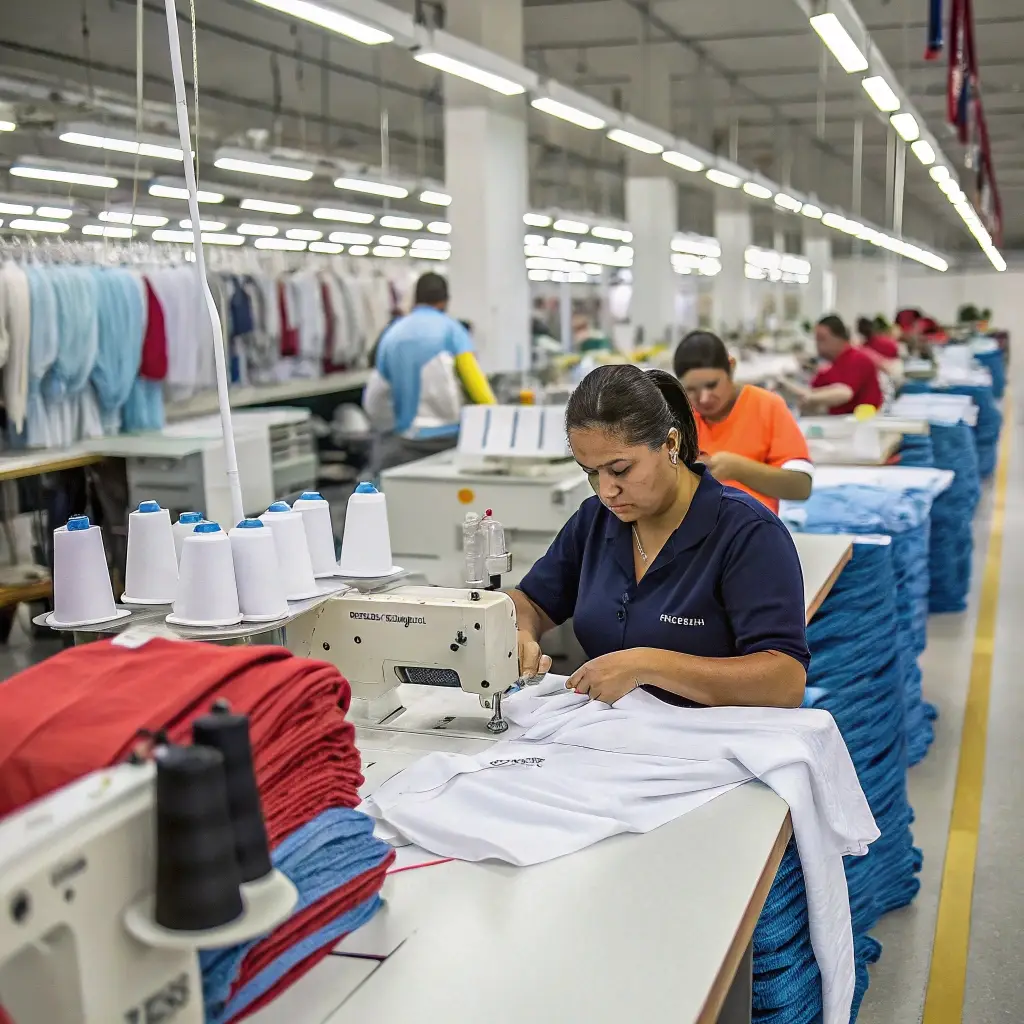 Worker sewing clothes in a factory, showcasing small batch production with organized fabric stacks and machinery.