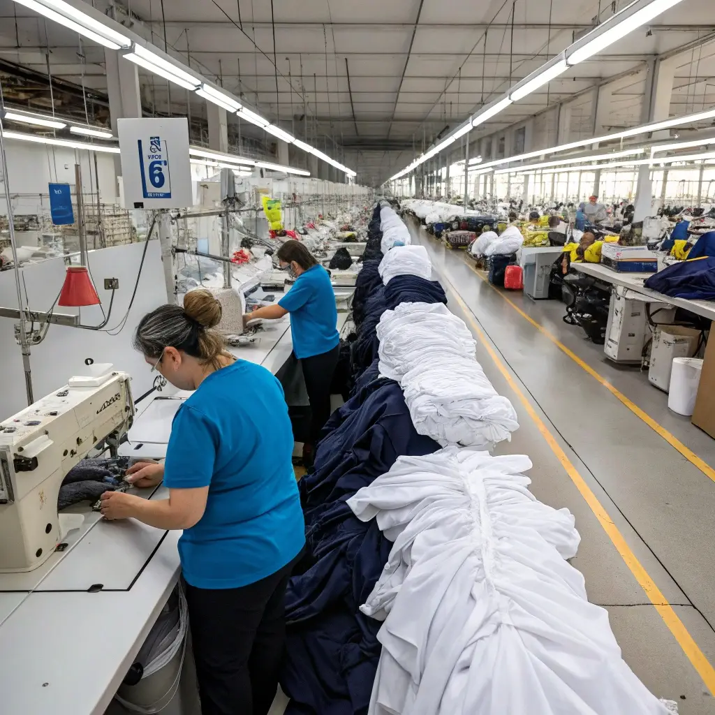 Factory workers sewing garments, with rows of fabric showcasing large and small batch production options.