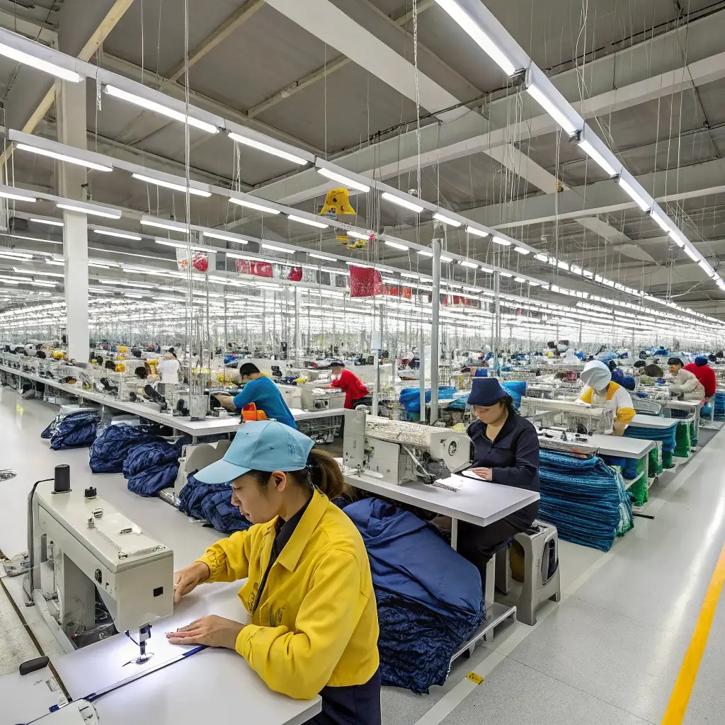 Large-scale clothing factory with workers operating sewing machines, showcasing efficient and low-cost manufacturing.