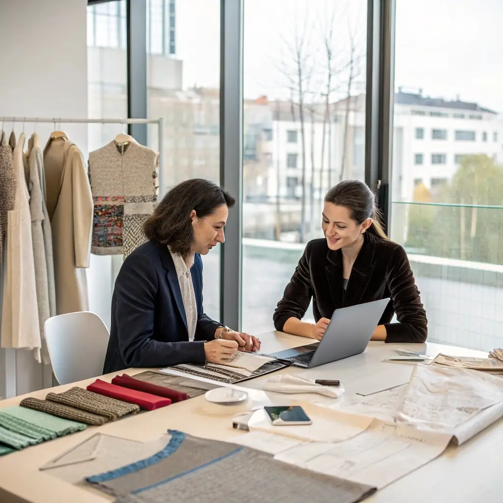 Business meeting at clothing factory, discussing fabric customization options.