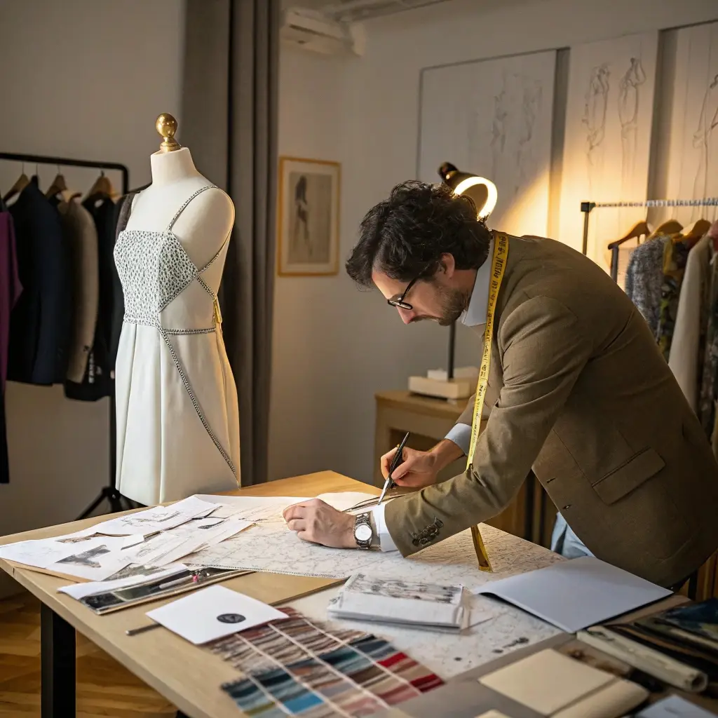 Clothing designer working on a dress sample in a studio, with fabric swatches and sketches on the table
