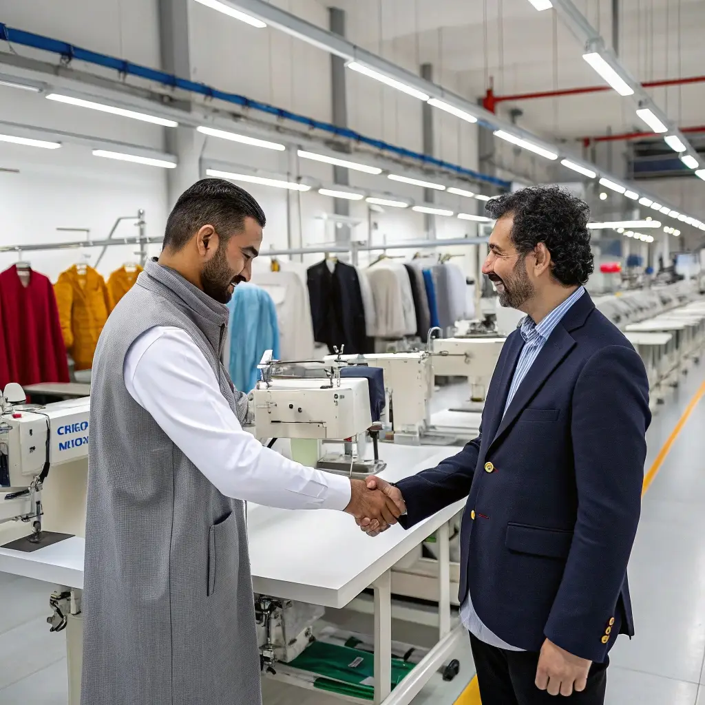 Two professionals shaking hands in a clothing factory, representing reliable partnerships in manufacturing.