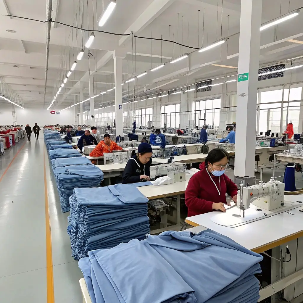 Workers in a large clothing factory sewing garments and handling fabric stacks, showcasing cost-effective production.