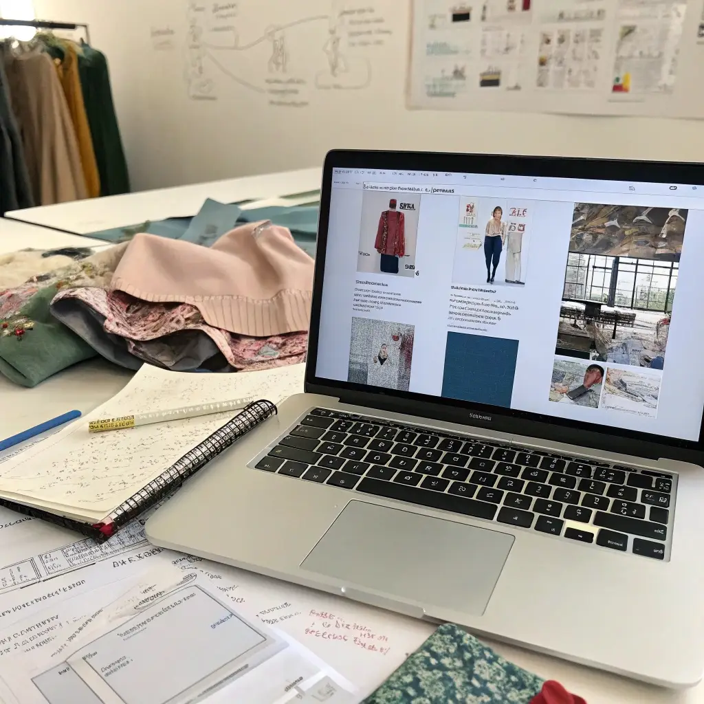 A laptop displaying supplier directories surrounded by fabric swatches and notes, symbolizing online research for clothing manufacturers.