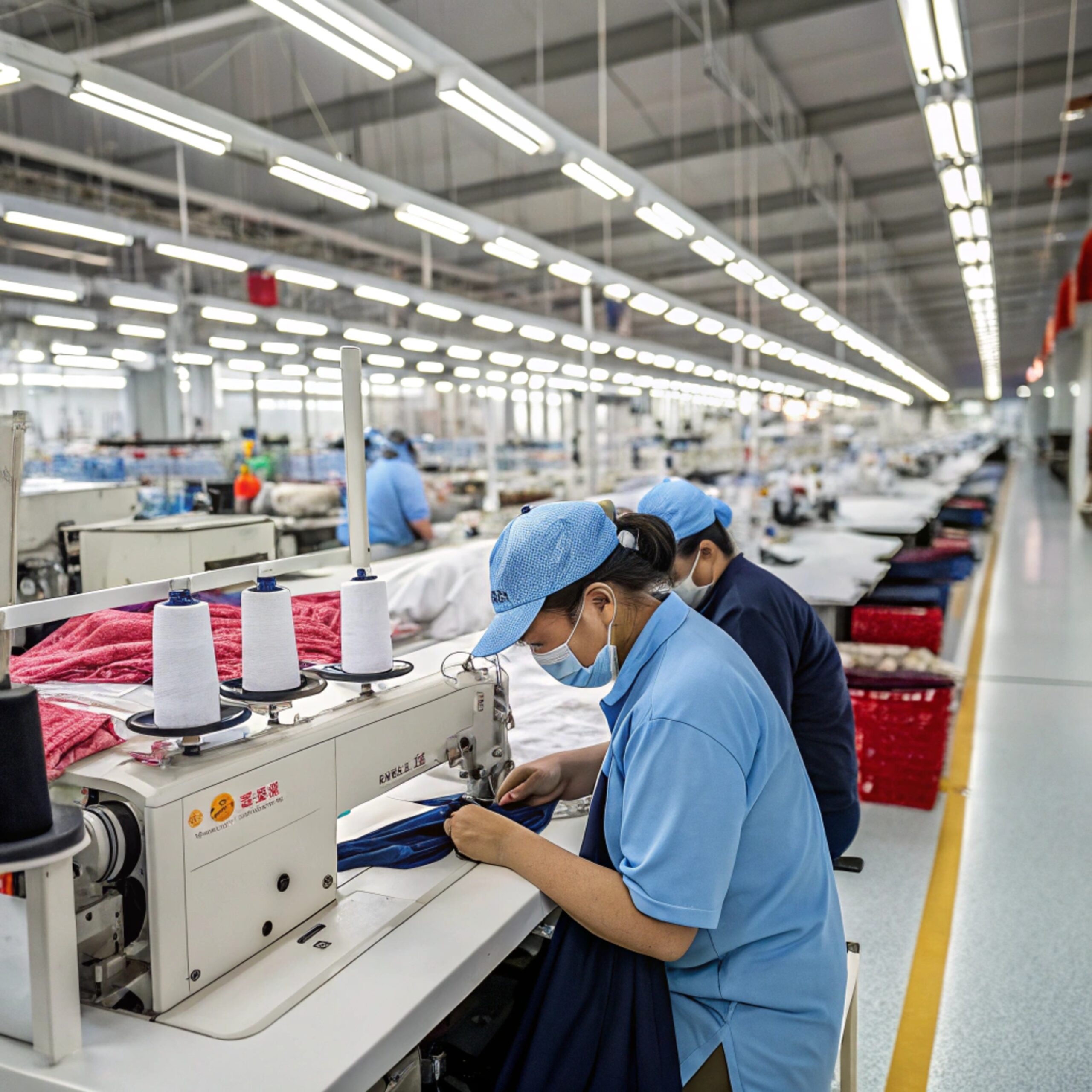 Workers in a modern clothing factory, sewing garments with precision