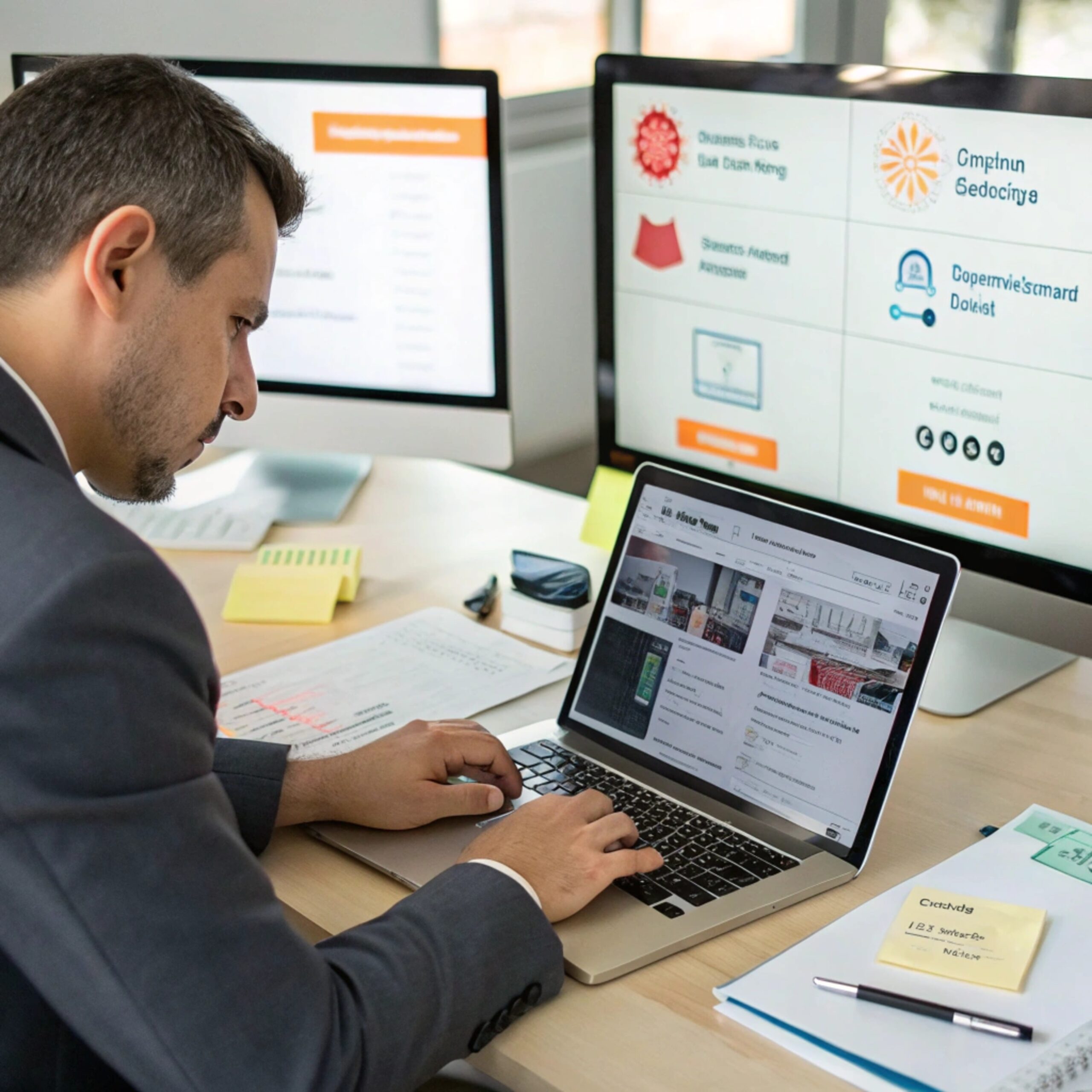 Businessman researching clothing trends and market data on multiple screens