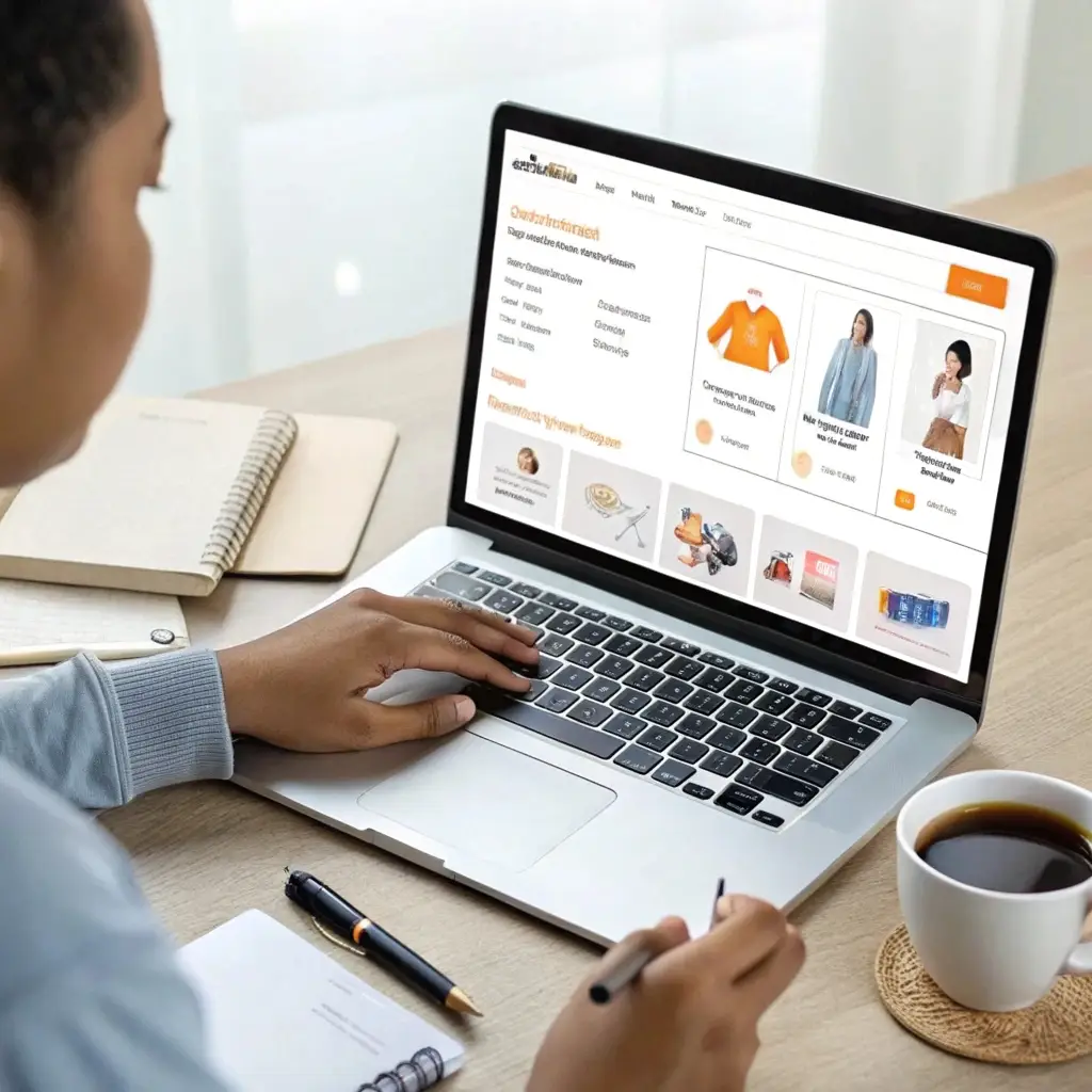 Searching for suppliers online, a person browsing a professional platform with clothing supplier listings and ratings on a laptop.