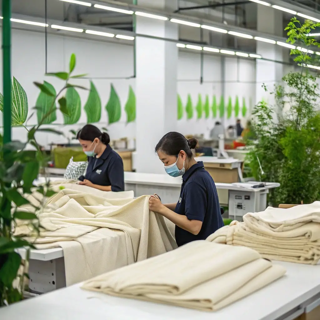 Sustainable fashion production in Hangzhou, workers inspecting eco-friendly fabrics in a factory surrounded by greenery and natural decor.