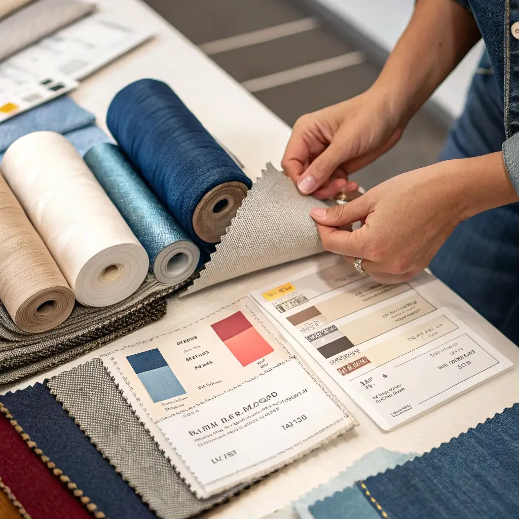 Fabric and material selection, hands reviewing fabric swatches and color options with price tags displayed, emphasizing cost impact in clothing production.