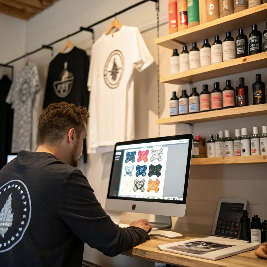 A designer working on product label designs, surrounded by private-labeled products like clothing and bottles