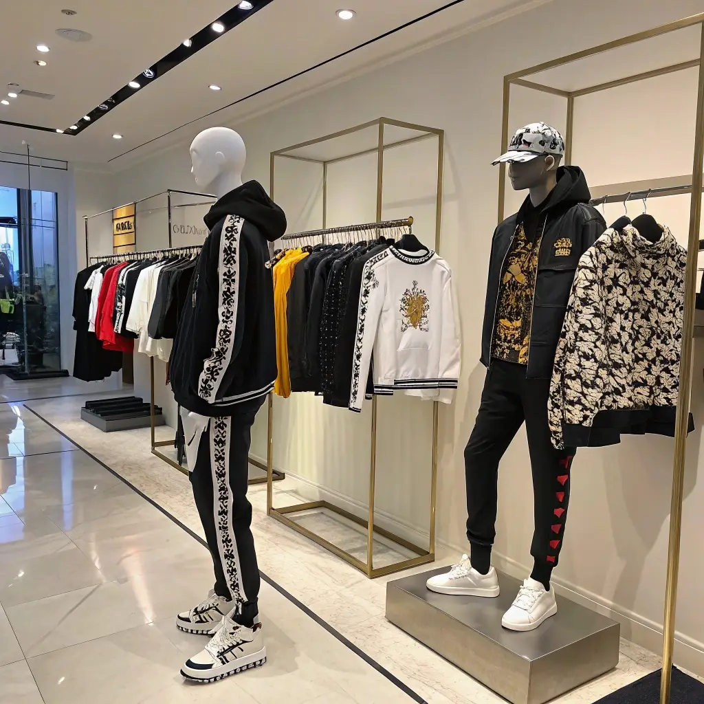 Stylish streetwear display, showcasing high-quality modern designs in a showroom