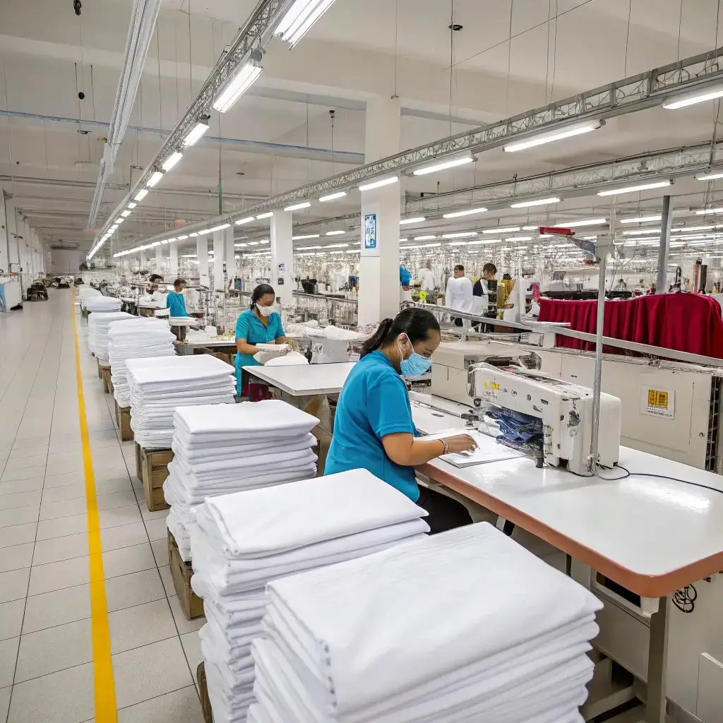 Modern clothing factory, showcasing efficient garment production with workers and organized fabric stacks