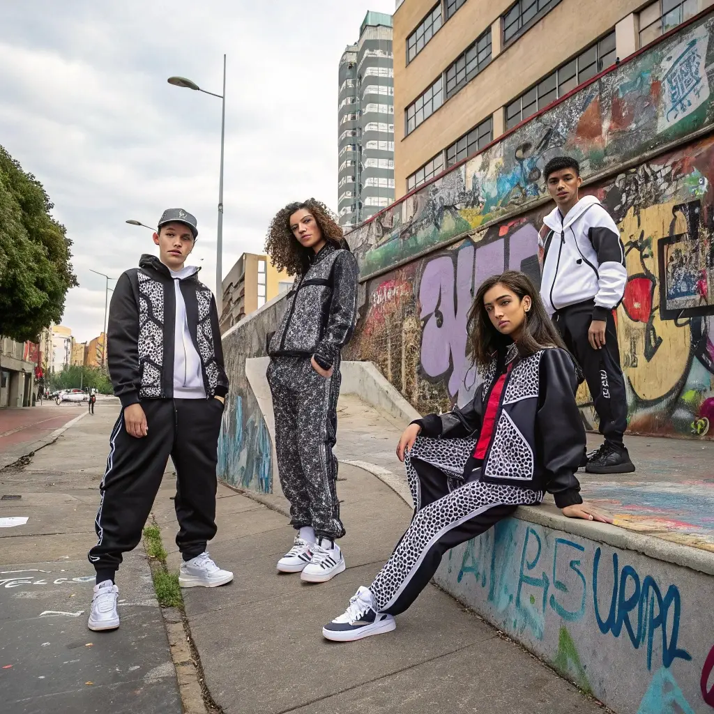 Group of stylish young adults in trendy streetwear outfits, posing in an urban graffiti-covered setting