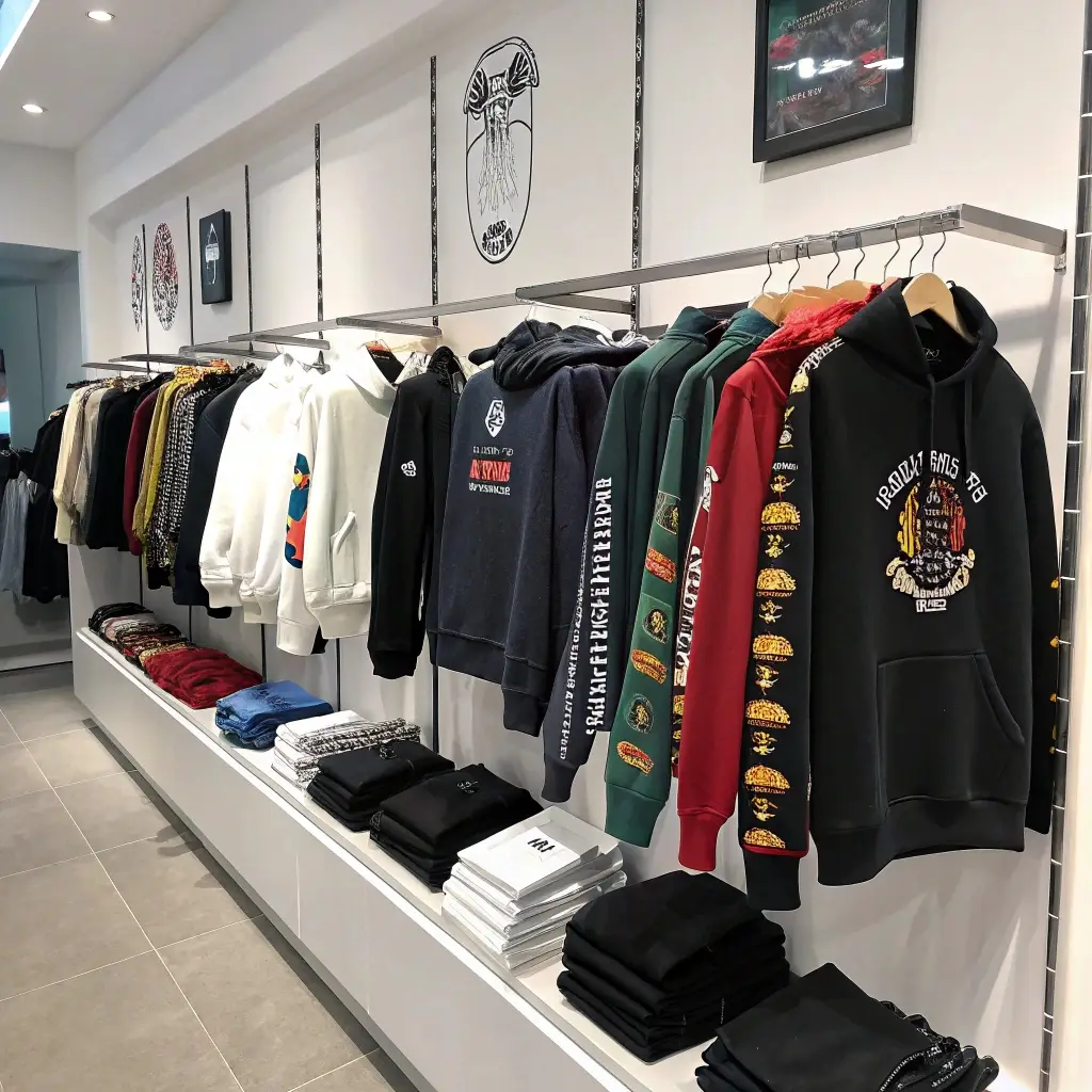 Collection of stylish streetwear hoodies and T-shirts displayed in a modern retail store