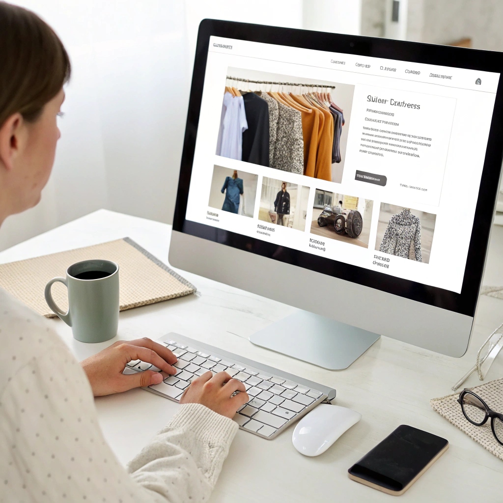 Person browsing an online platform on a desktop, viewing categories of clothing manufacturers with garment and factory thumbnails.