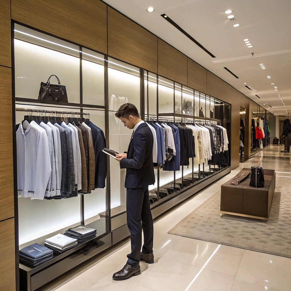 A professional browsing a clothing showroom with small collections of garments displayed on racks, emphasizing exclusivity and low MOQ options.